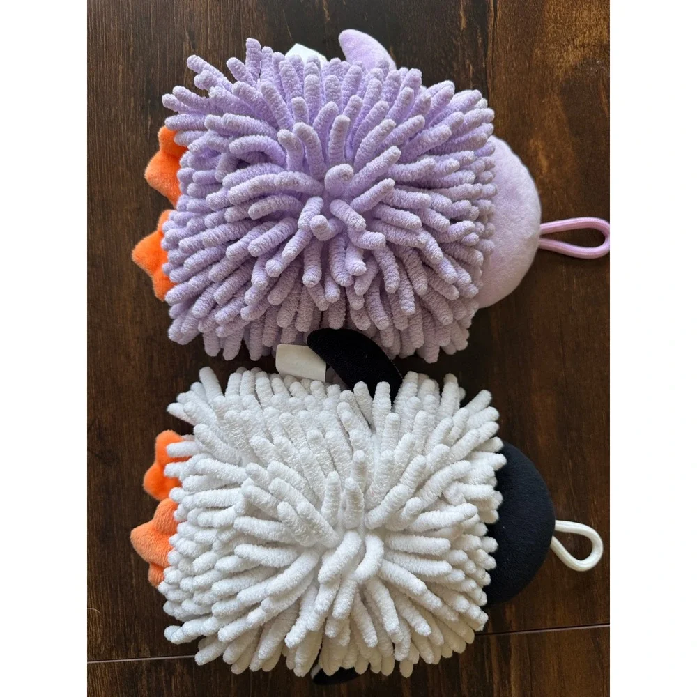 Set of 2 Penguin Chenille Microfiber Hand Towels Purple White Hanging Loops